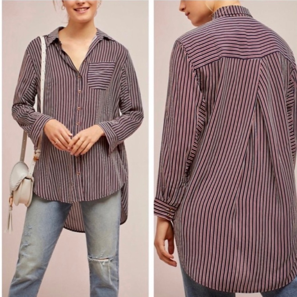 Anthropologie Maeve Adelaide Poplin Striped Pleated Tunic Red Blue Small